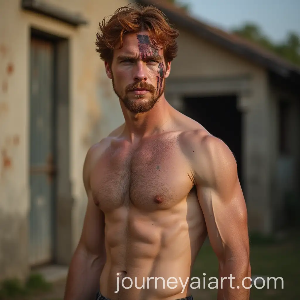 Muscular-Man-with-Dark-Reddish-Hair-and-Scar-in-FrontAI-Image-Prompt-Expansion-of-an-Old-Building