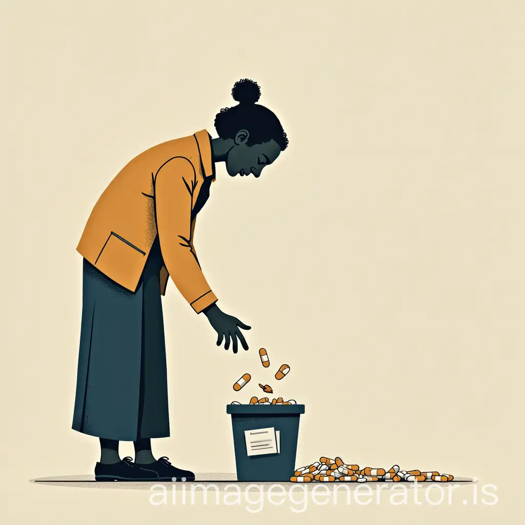 Old-Woman-Silhouette-Discarding-Medicines-in-Bin-Line-Art