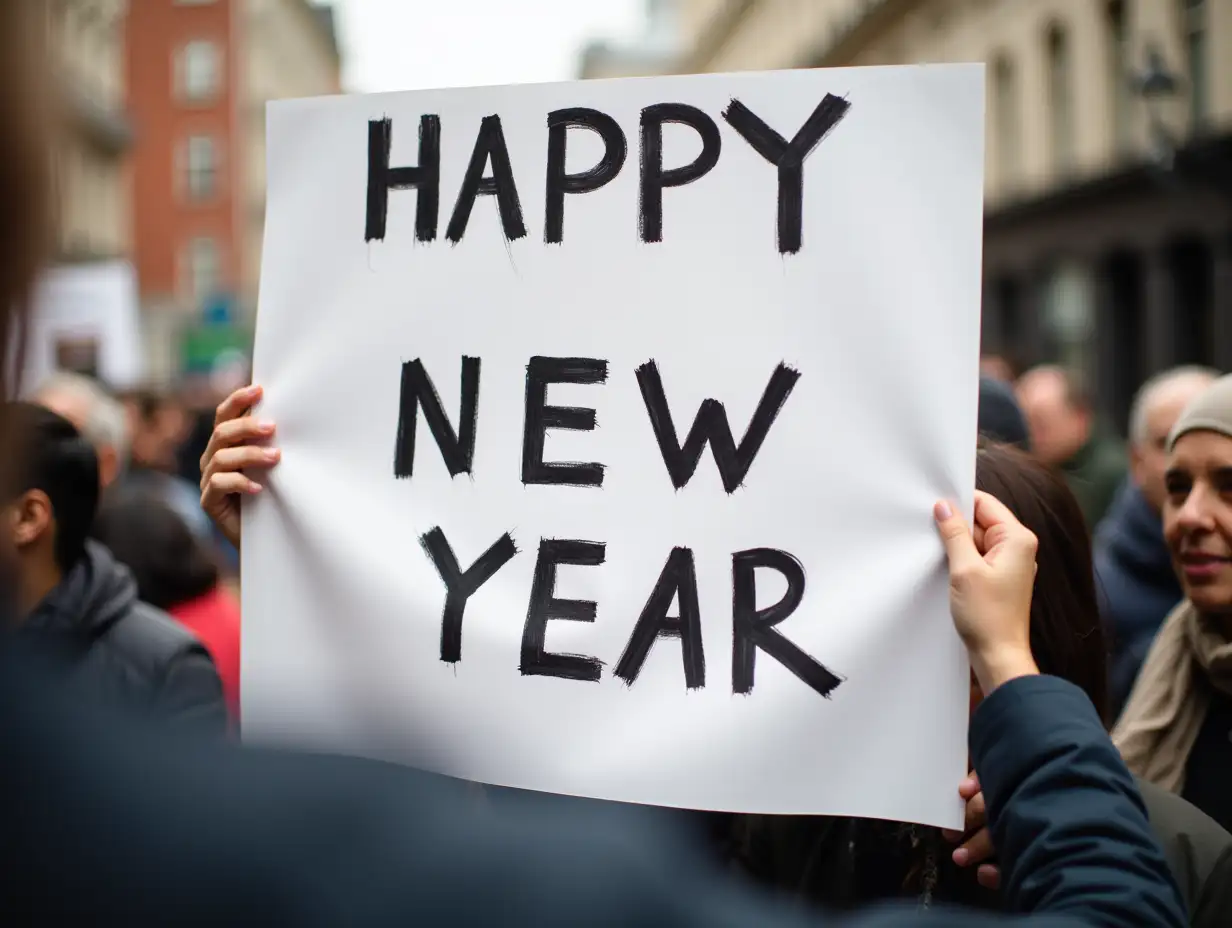 people holding a white banner with the words happy new year on. The perspective of the banner is slanted