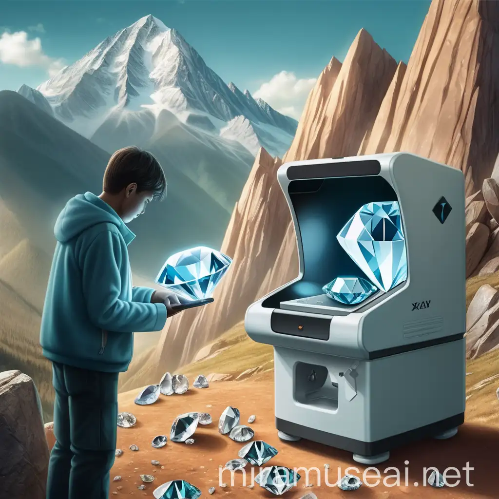 Gemologist Examining Diamonds with XRay Machine in Mountainous Landscape