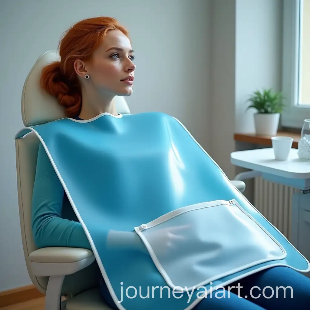 Woman-in-Dentists-Chair-Wearing-Shiny-Transparent-PVC-Mealtime-Bib-with-Accessories