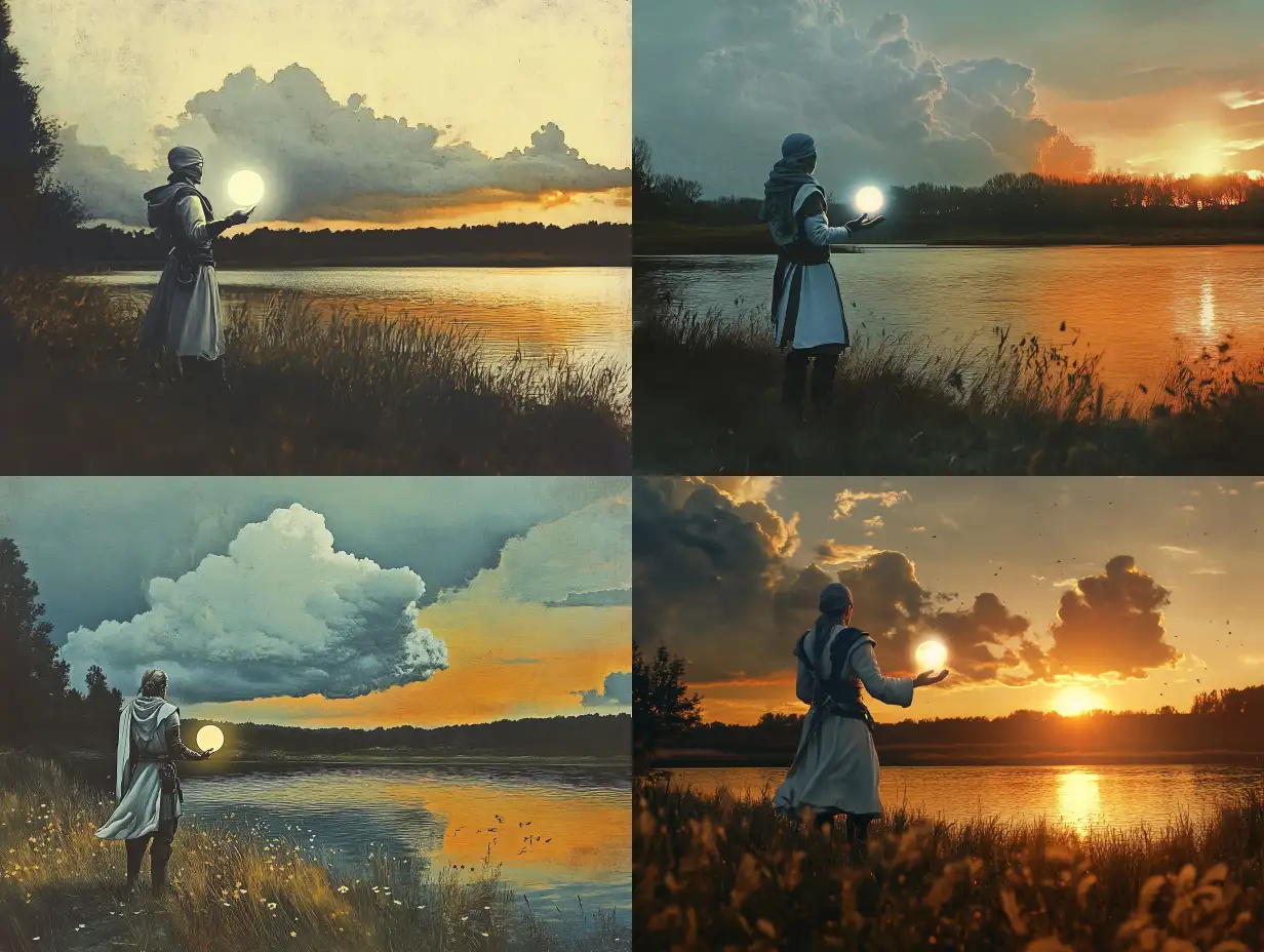 Female-Mage-by-Lake-with-Glowing-Fire-Orb-at-Sunset