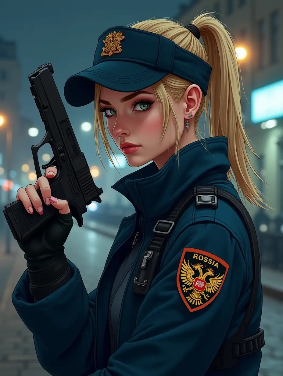 Policewoman holding a pistol, night Petersburg, European, Slavic, Russian policewoman, young woman in full height, blonde, short hair, ponytail hair, without makeup, dry lips, police ball cap, long eyebrows, serious woman, green eyes, police cyberpunk jacket, Russian police coat of arms on the sleeve of the police jacket, police shoulder straps, cyberpunk, drawing illustration style, realism, cinematic light, 8K