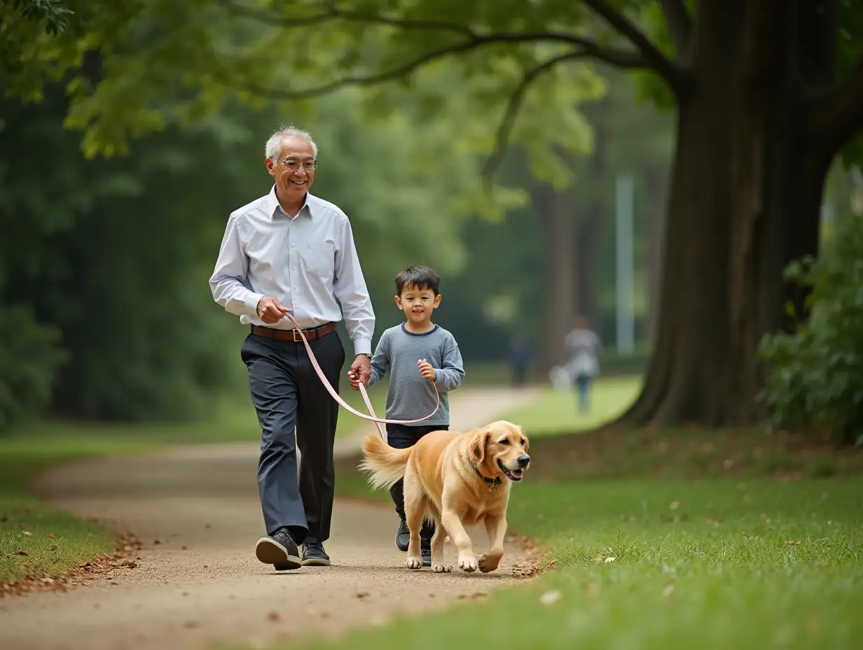 50 year old Hong Kong successful business man chasing the golden retriever together with his 5 year old grandson; victoria park, Hong kong; sunny day; smiling --ar 5:2 --v 5