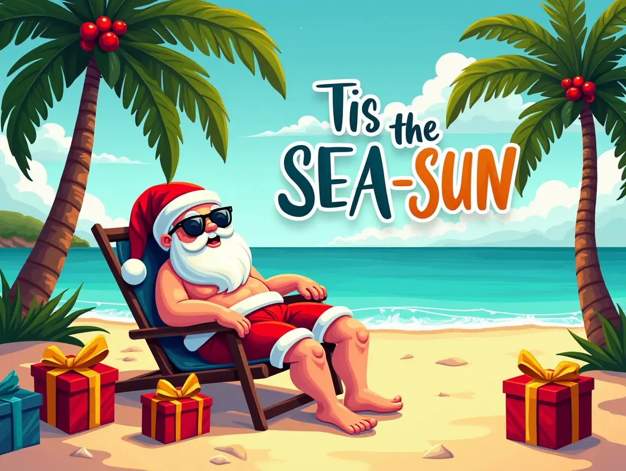 sk3tchpa1nt style illustration. Create a tropical beach scene featuring a relaxed Santa Claus in bright red swim shorts and sunglasses, lounging in a colorful beach chair under lush palm trees adorned with red berries. Surround him with vibrant, wrapped presents in shades of red, blue, and yellow against soft golden sand. Integrate the phrase “Tis The SEA-SUN” into the composition with bold, colorful lettering that captures a playful, festive spirit. Aim for a cartoonish and cheerful aesthetic with a vivid color palette of reds, greens, and yellows to evoke a fun, sunny holiday vibe.