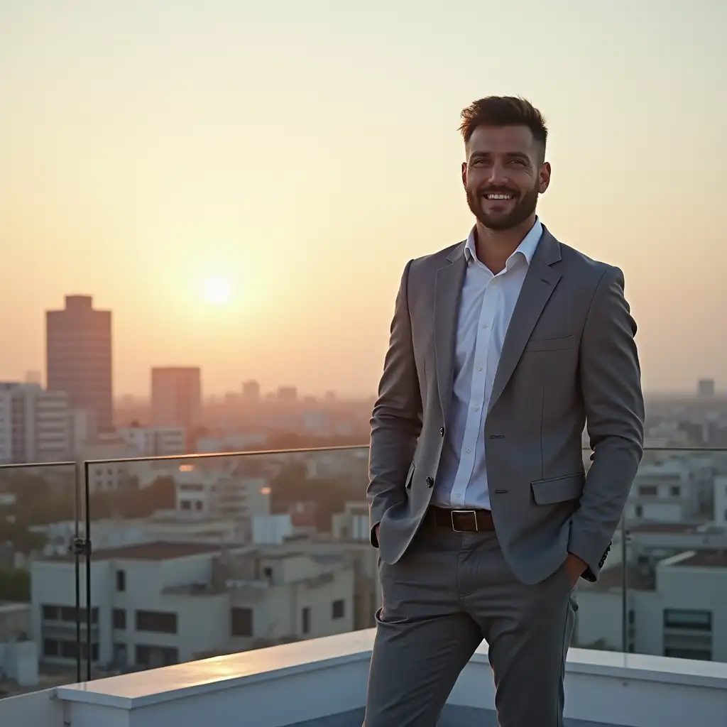 Depict a realtor on the roof of a terrace of a new building in the morning