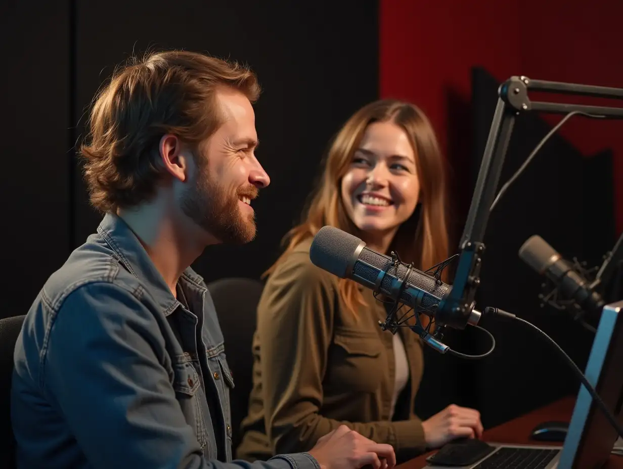 An Image of a male and a female in podcast studio