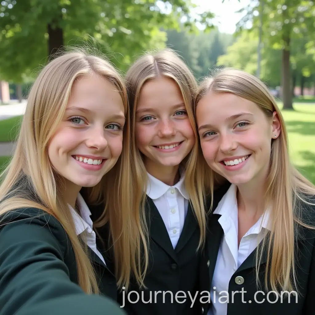 Three-Ukrainian-Blonde-Girls-in-School-Uniforms-Taking-Natural-Selfie-Outdoors