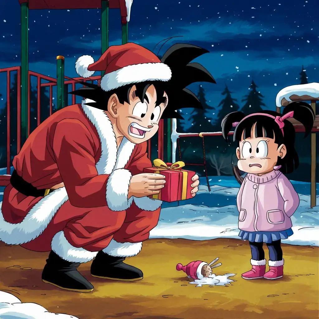 Goku-in-Santa-Outfit-with-Crying-Little-Girl-and-Dropped-Ice-Cream-at-Snowy-Playground