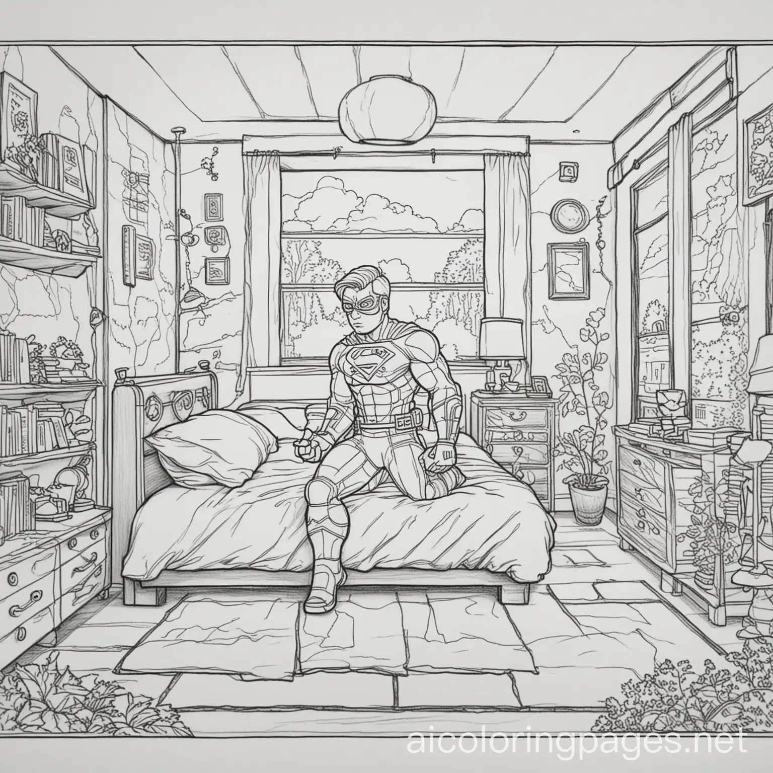 Prompt: "Color the scene where your superhero first discovers their powers! Are they in their bedroom, a lab, or out in nature?", Coloring Page, black and white, line art, white background, Simplicity, Ample White Space. The background of the coloring page is plain white to make it easy for young children to color within the lines. The outlines of all the subjects are easy to distinguish, making it simple for kids to color without too much difficulty