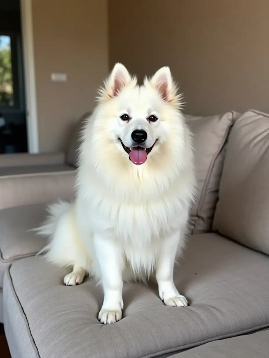 Samoyed dog sitting on the sofa