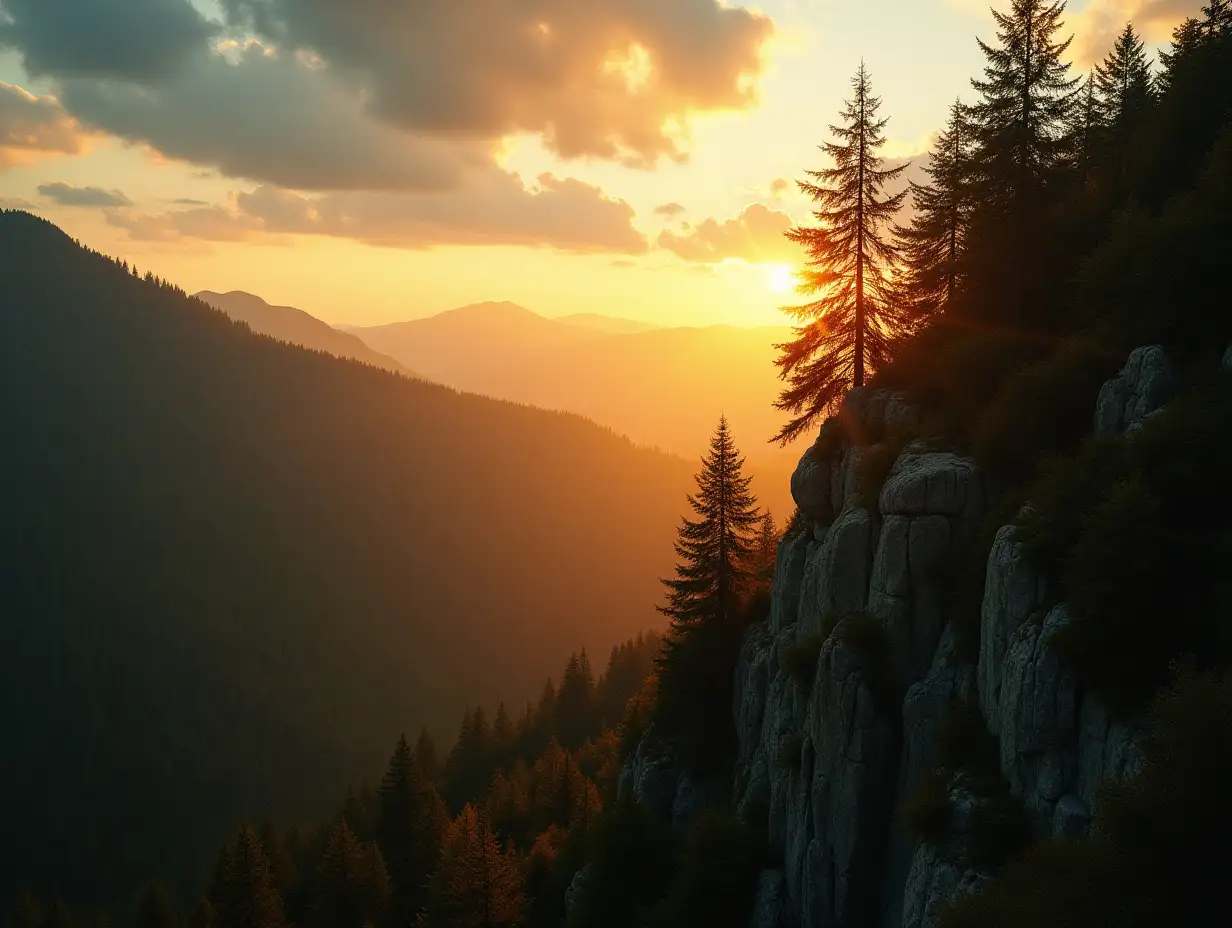 Cinematic shot of 15th-century film photography highly detailed scene in 16K resolution a forest in a hillside of a rocky cliff at golden sunrise.