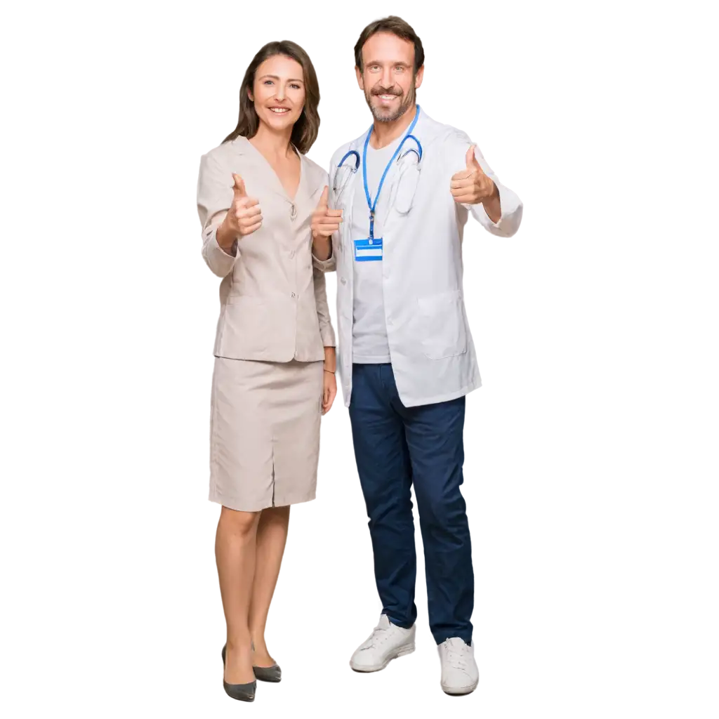 A male doctor of 25 years and a female doctor of 25 years who smile and give a thumbs up