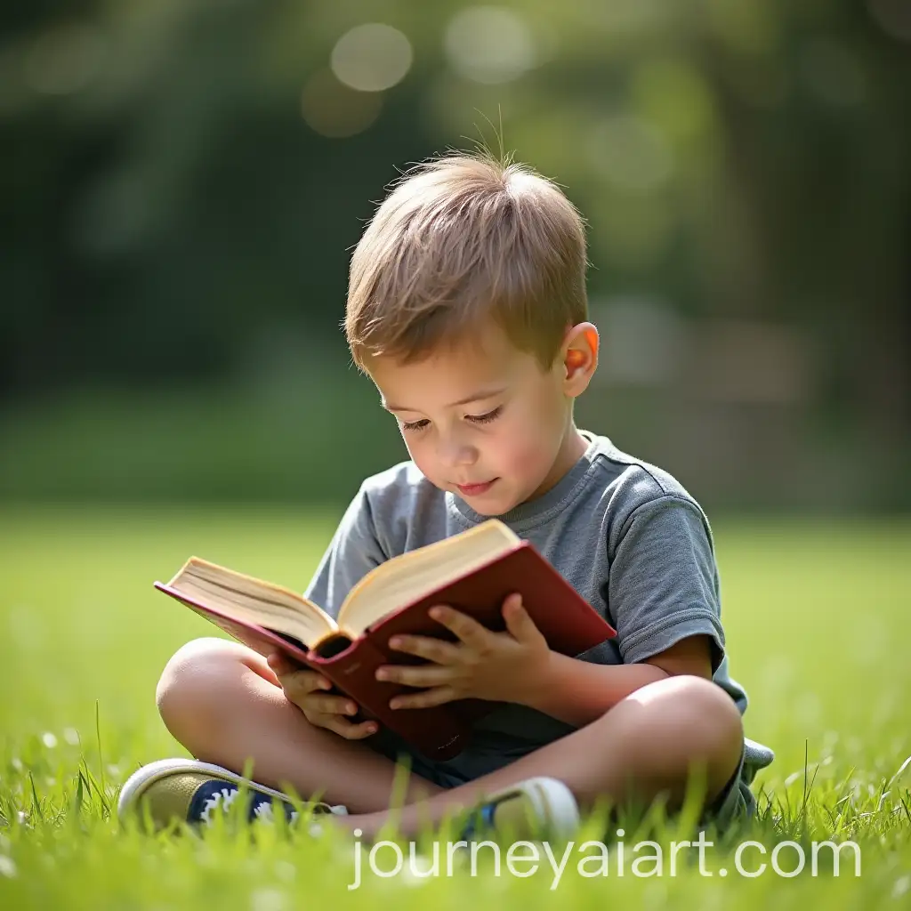 Boy-Reading-a-Book-on-a-Lawn-Under-Sunny-Skies