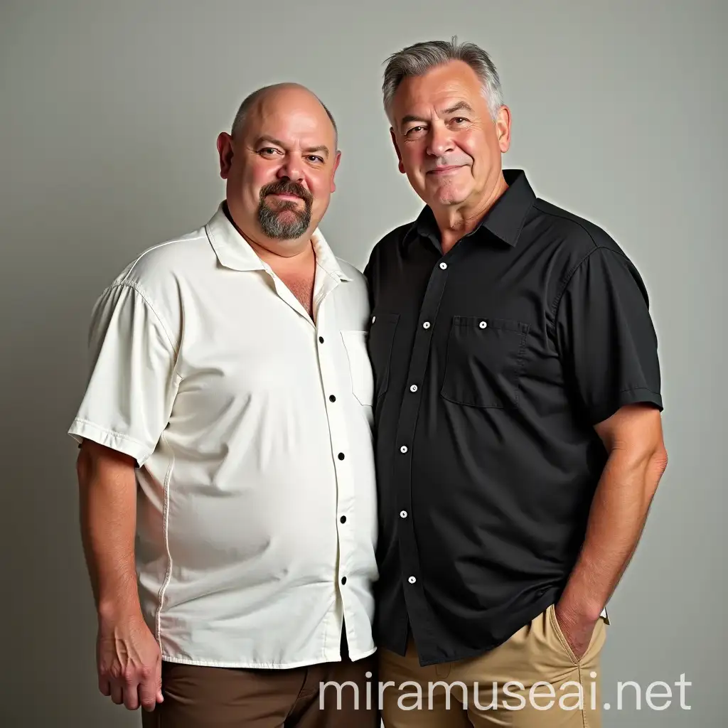 full body image of two men in love, both facing camera, one man is 50 years old, short, bald, round face, chubby, with small reddish-grey goatee, wearing white aloha shirt and brown pantyhose. the other man is 55 years old, tall, stocky short grey hair parted on side, black short sleeve button down shirt and tan shorts