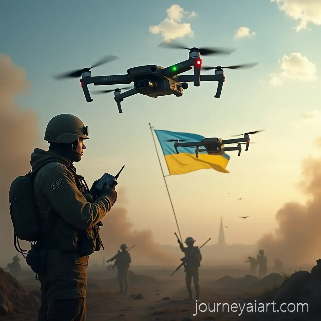 UkrainUkrainian-drones-in-actionian-Soldier-Operating-Drones-in-Battle-with-Flag-Waving