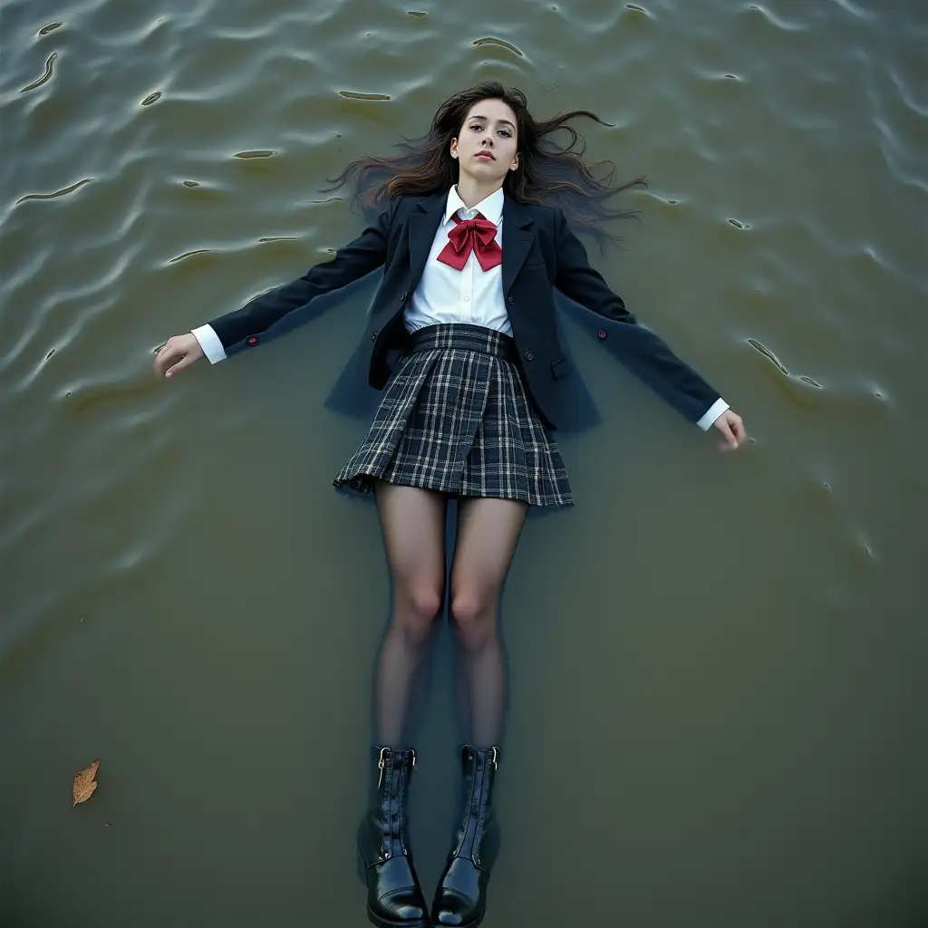 schoolgirl in school uniform, with skirt, blazer, blouse, dark tights, ankle boots with high heels. Swims in a dirty pond, lies in the water, body under water, body underneath the surface of the water, fully wet clothes, no dry parts of clothes, wet clothes stick to the body