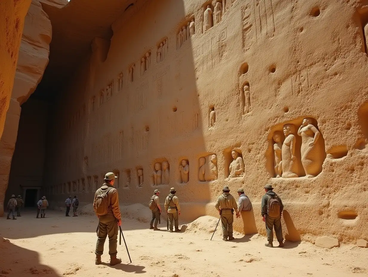 realistic image of a group of archaeologists, tiny in front of an immense cliff wall filled with small unknown frescoes and inscriptions from another world, surreal, fantastic, grotesque, fantasy