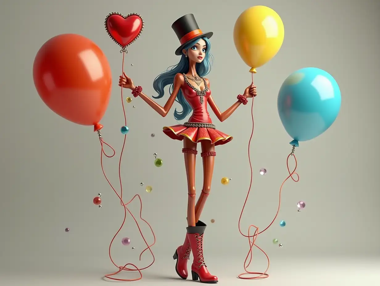 a very long 3-D female figure with very thin legs and very long thin arms with top hat and boots and wearing jewelry .and has a balloon in hand 4K resolution Colorful