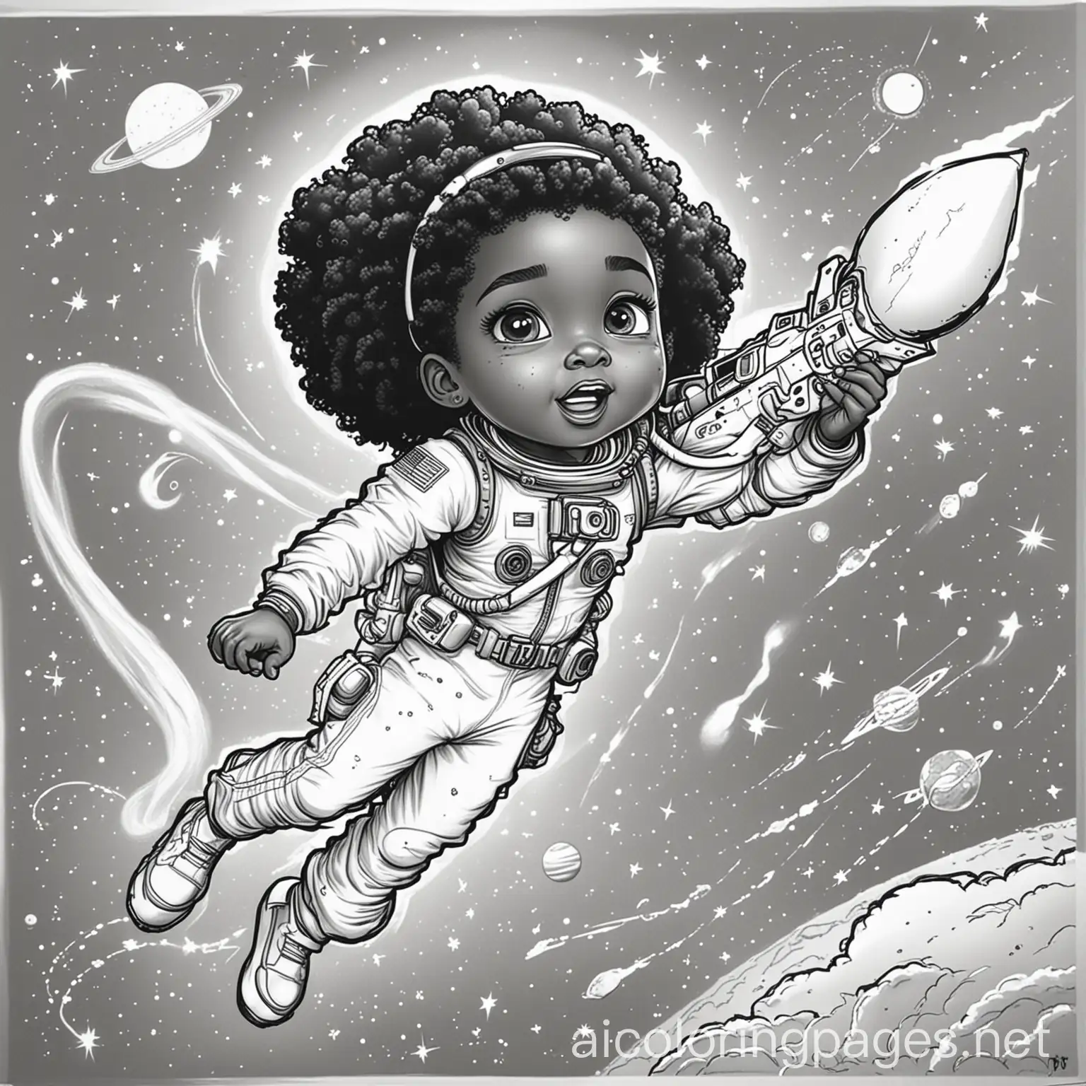 a african american kids blasting through space, Coloring Page, black and white, line art, white background, Simplicity, Ample White Space. The background of the coloring page is plain white to make it easy for young children to color within the lines. The outlines of all the subjects are easy to distinguish, making it simple for kids to color without too much difficulty