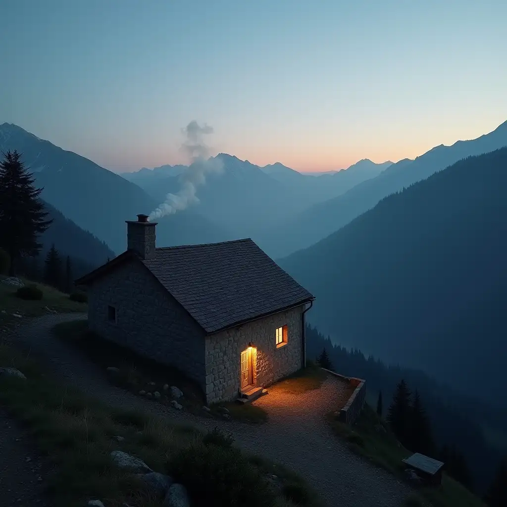 mountains at dusk, on the left side is a traditional simple house made of stone, the house is flat with warm light from the windows,smoke on chimney, picture taken from a high point far away from the house, atmospheric scene, 3:2 aspect ratio