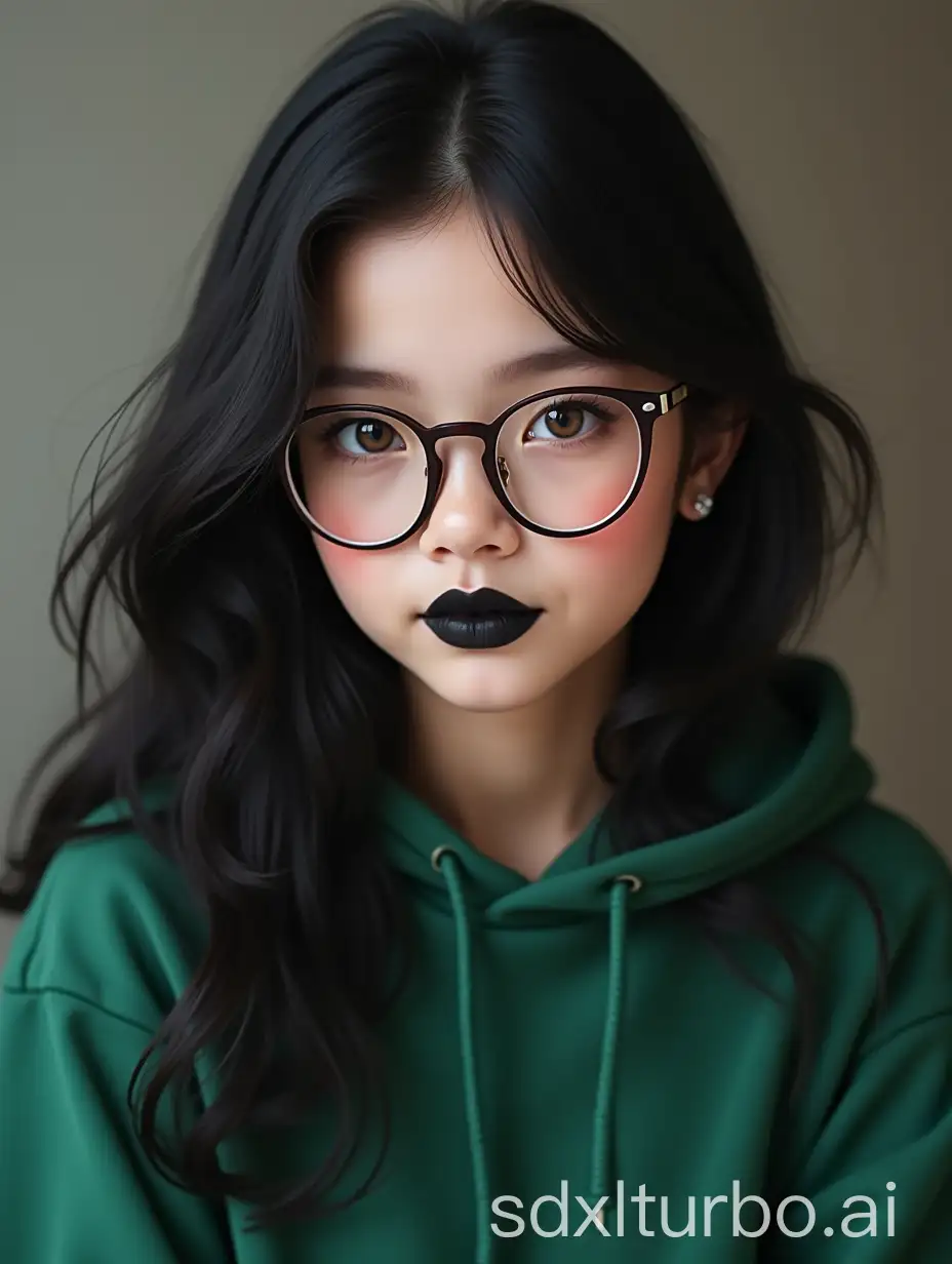 Portrait of a 23-year-old girl wearing a green hoodie, long black hair and hazel eyes, transparent framed glasses, black Lipstick.