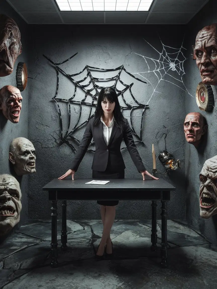 Photograph of an eerie businesswoman dressed in dark business suite, standing behind a table with magical signs, spider web and deformed faces on walls, eerie atmosphere, dark and gloomy, realistic, highly detailed