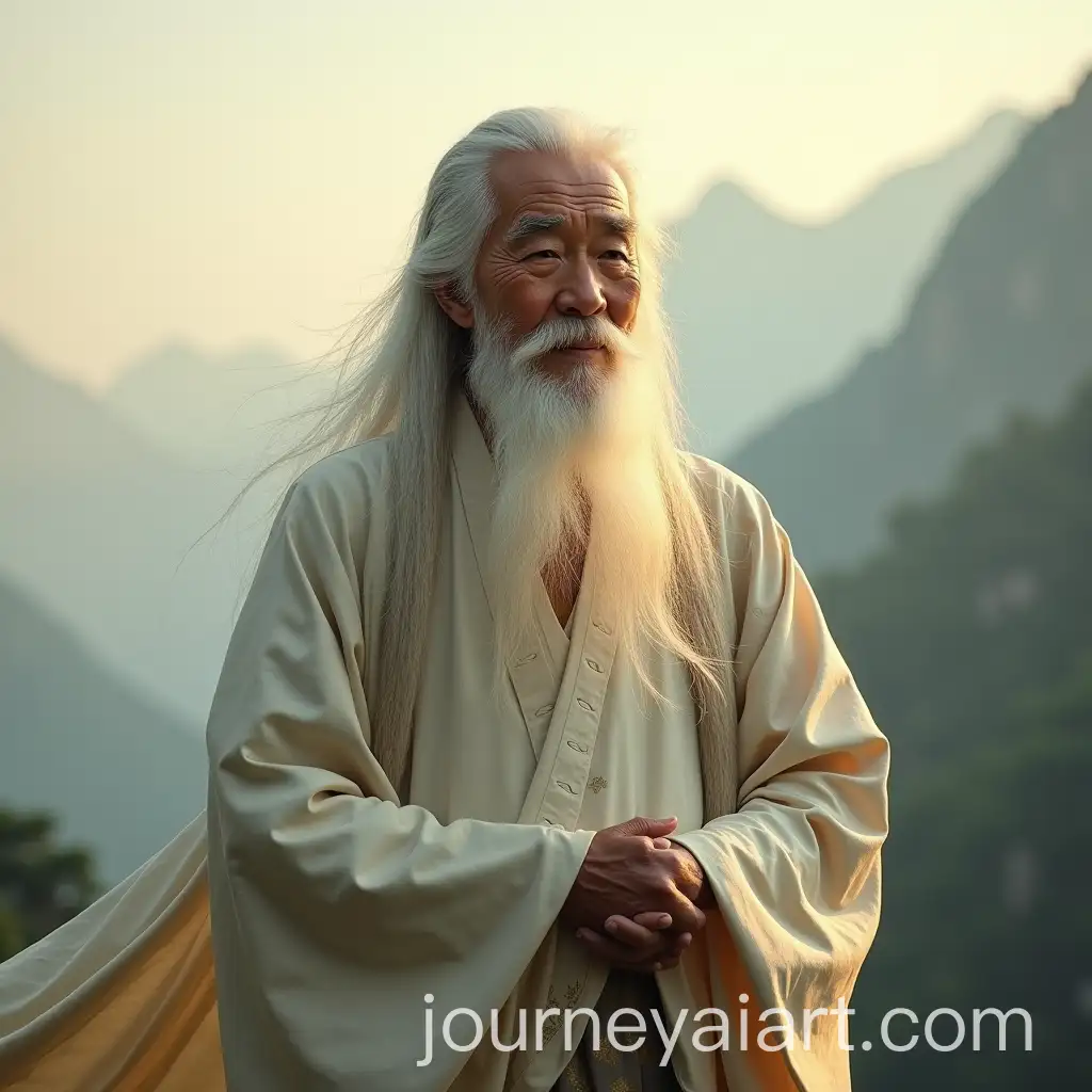 Elderly-Chinese-Man-in-Traditional-Robe-Standing-in-Serene-Mountain-Setting