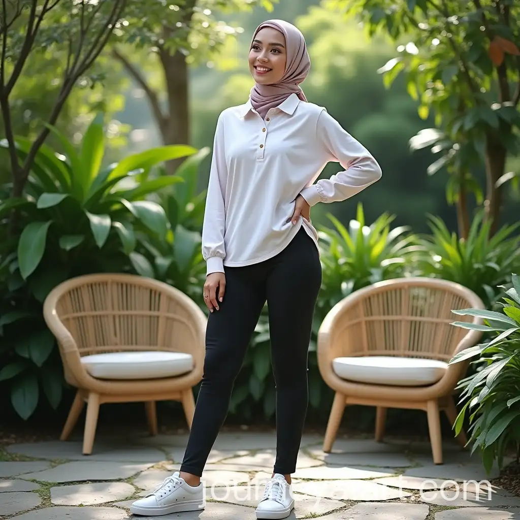 30YearOld-Indonesian-Woman-in-Tunic-and-Spandex-Pants-Posing-in-Lush-Garden