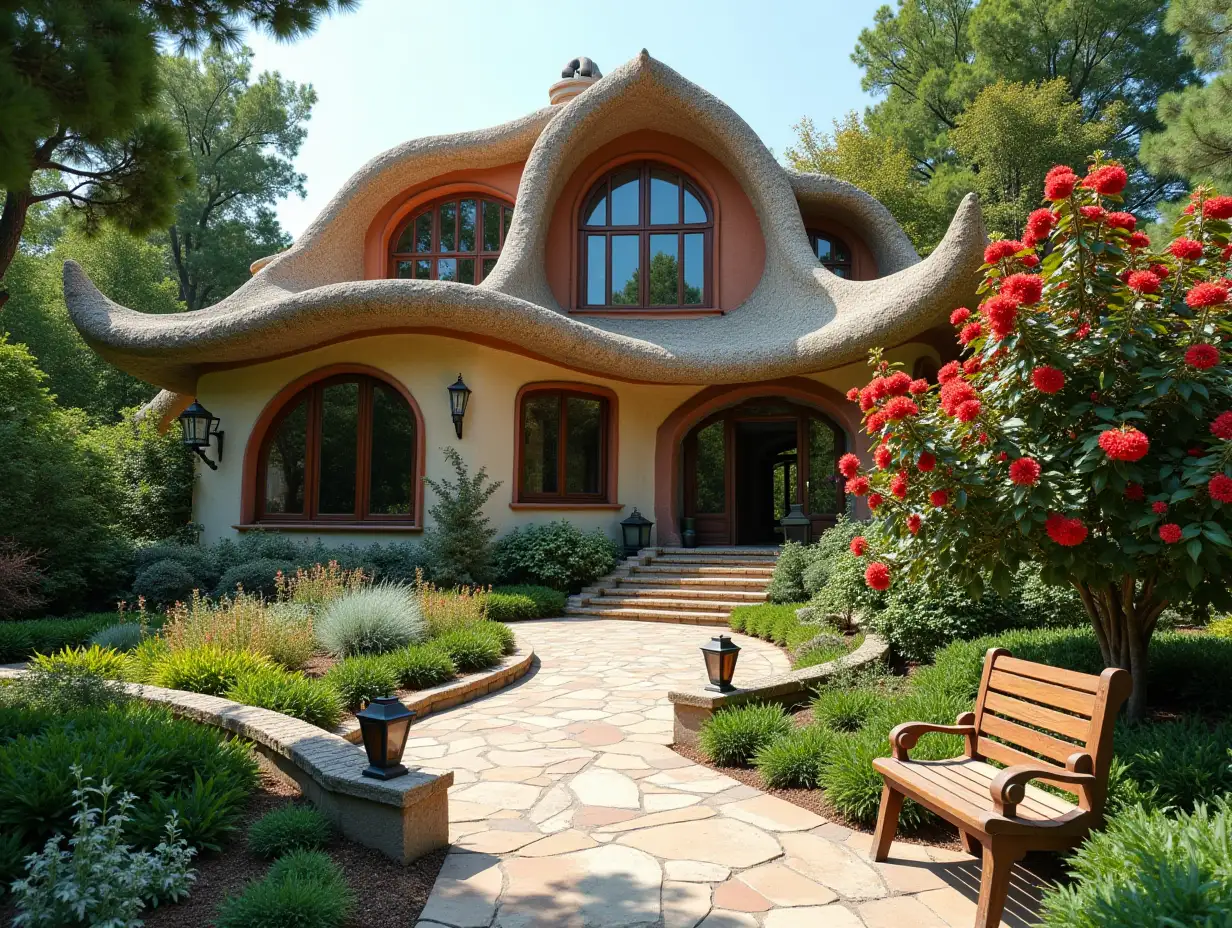 crooked house garden planting-with stucco in the form of plant ornaments, large windows with glass closed, curved, smooth window shapes, winding large entrance steps made of marble complex curved roof with dike,Lanterns,bench apple tree 4K resolution colorful superWide-angle shots