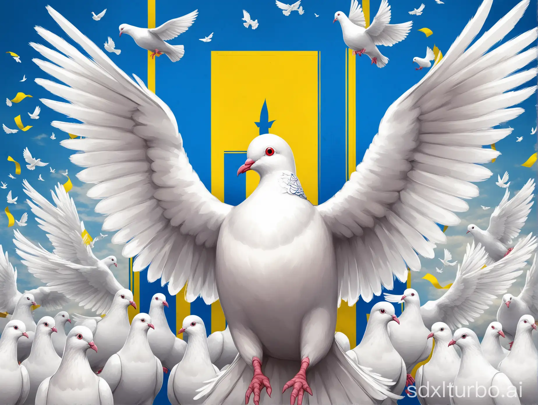 white pigeon, Ukrainian flag on background,  2d, digital art