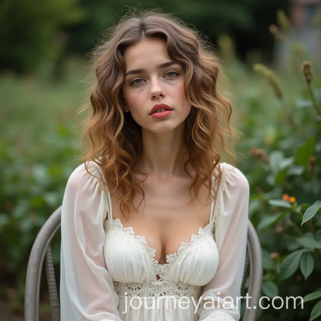 Beautiful-Girl-with-Curly-Hair-Sitting-in-a-Garden-with-Red-Lips-and-a-Filled-Chest
