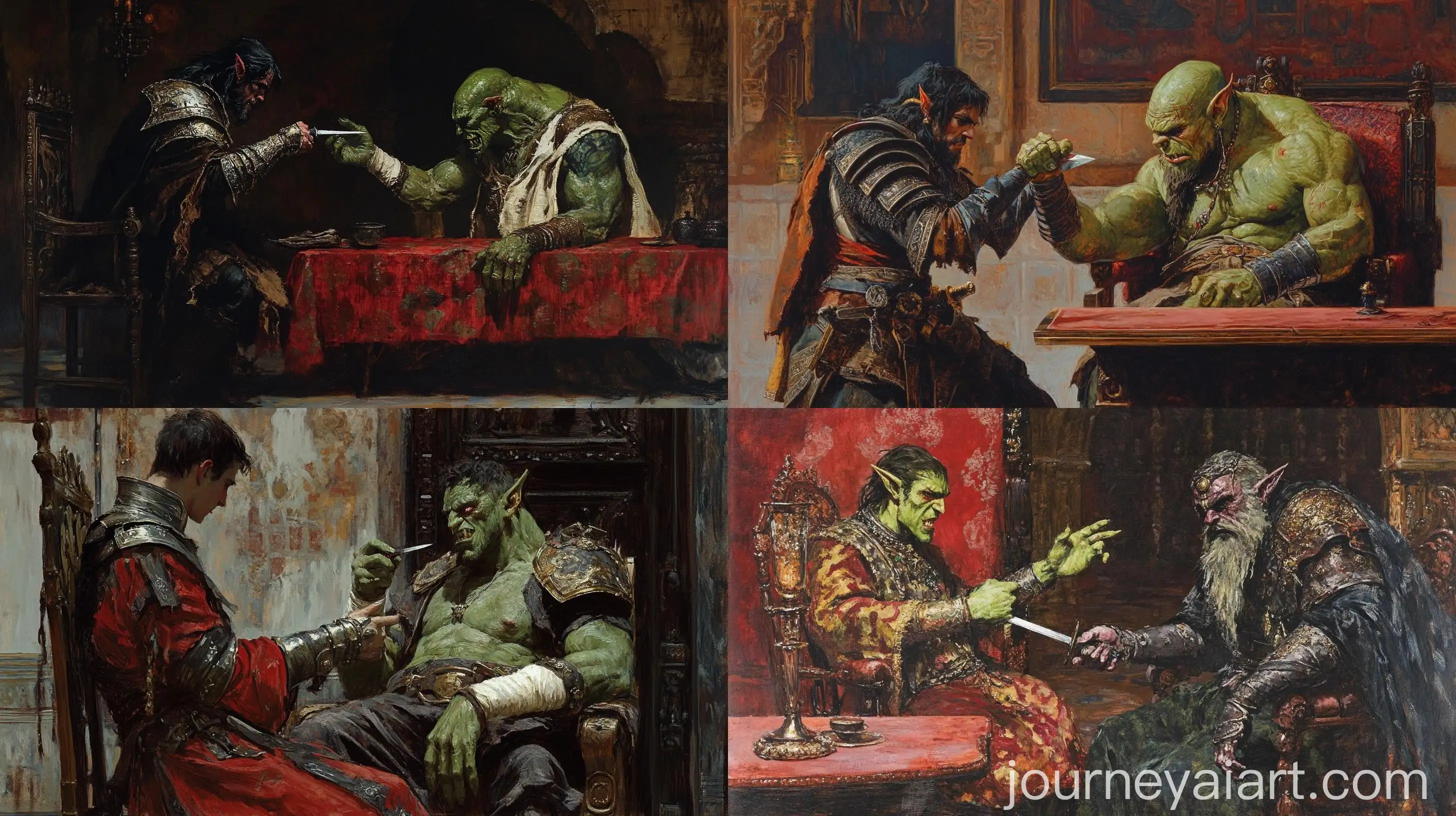 Elf-Paladin-Stabbing-Dagger-into-Captive-Orc-in-Fantasy-Spanish-Room