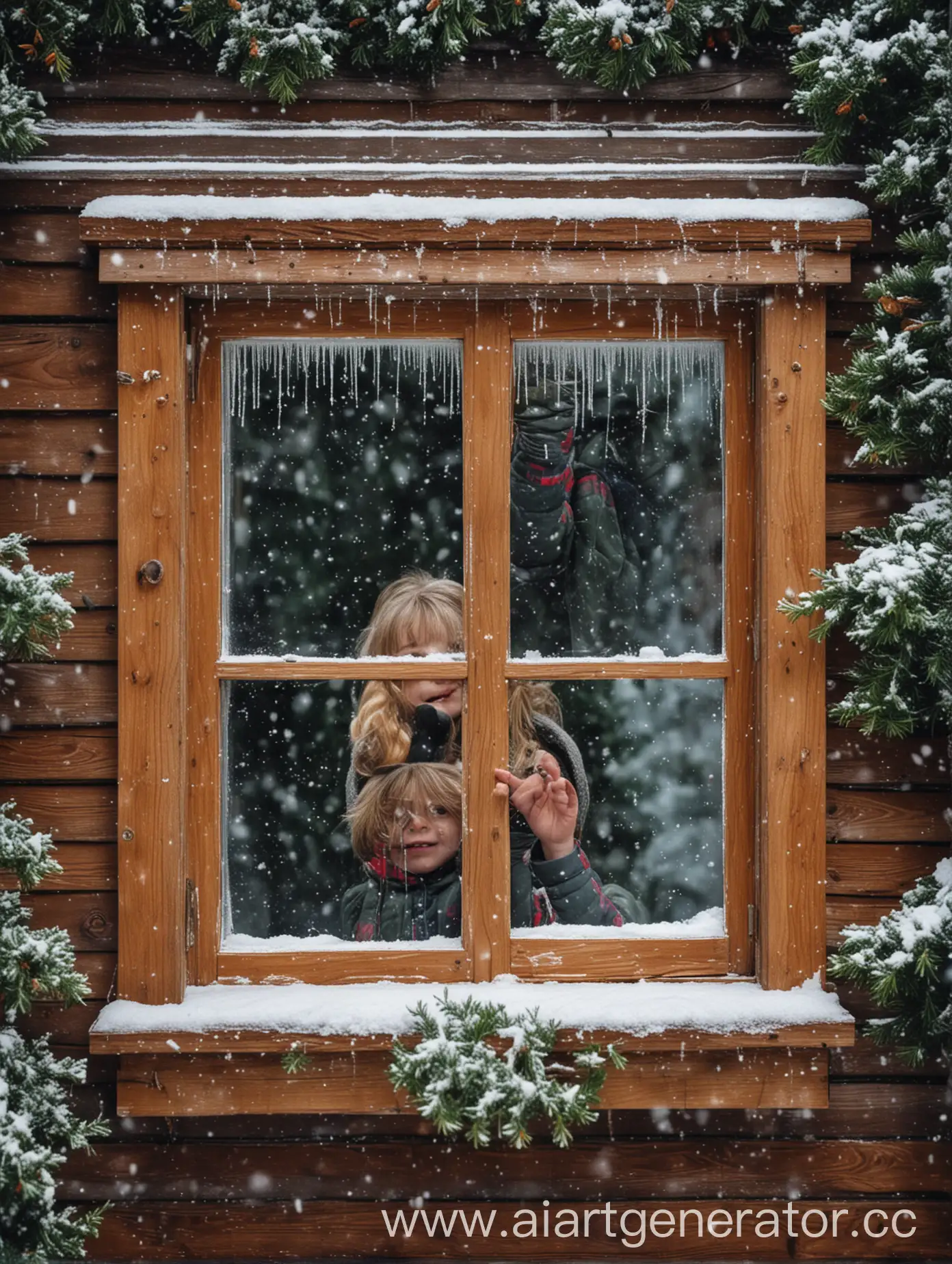 Child-Gazing-Through-Frosty-Window-with-Holiday-Decor-and-Snowy-Landscape