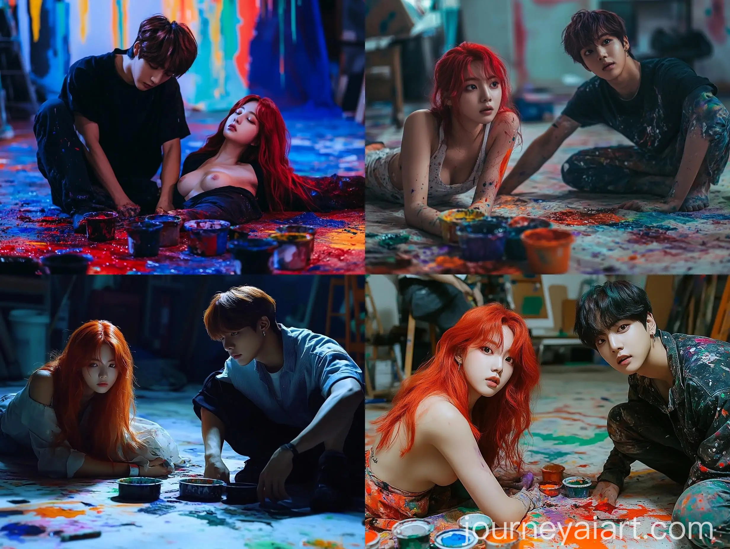 Nocturnal-Art-Session-RedHaired-Muse-and-Painter-with-Spilled-Paints