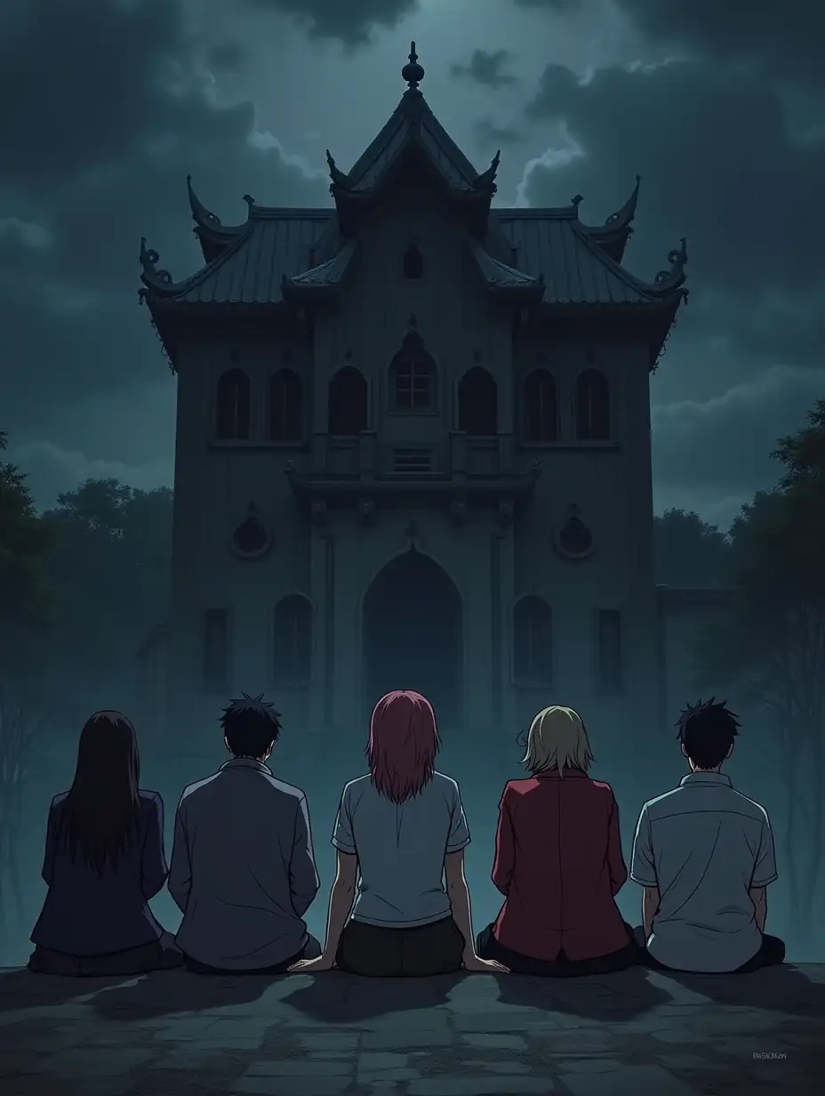 A picture of all main characters from jujitsu kaisen sitting in front of a dark cursed building