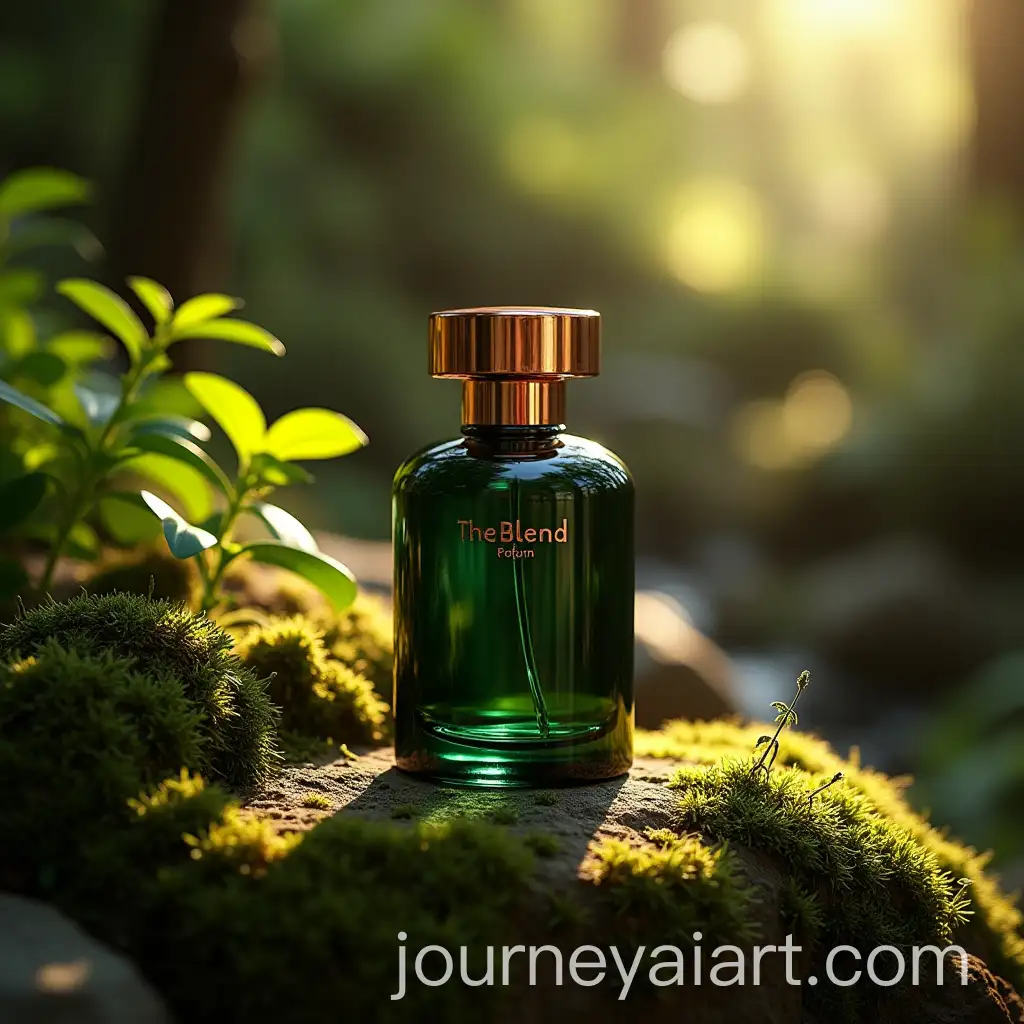 Rose-Gold-Perfume-Bottle-The-Blend-on-Mossy-Outcrop-in-Sunlit-Forest