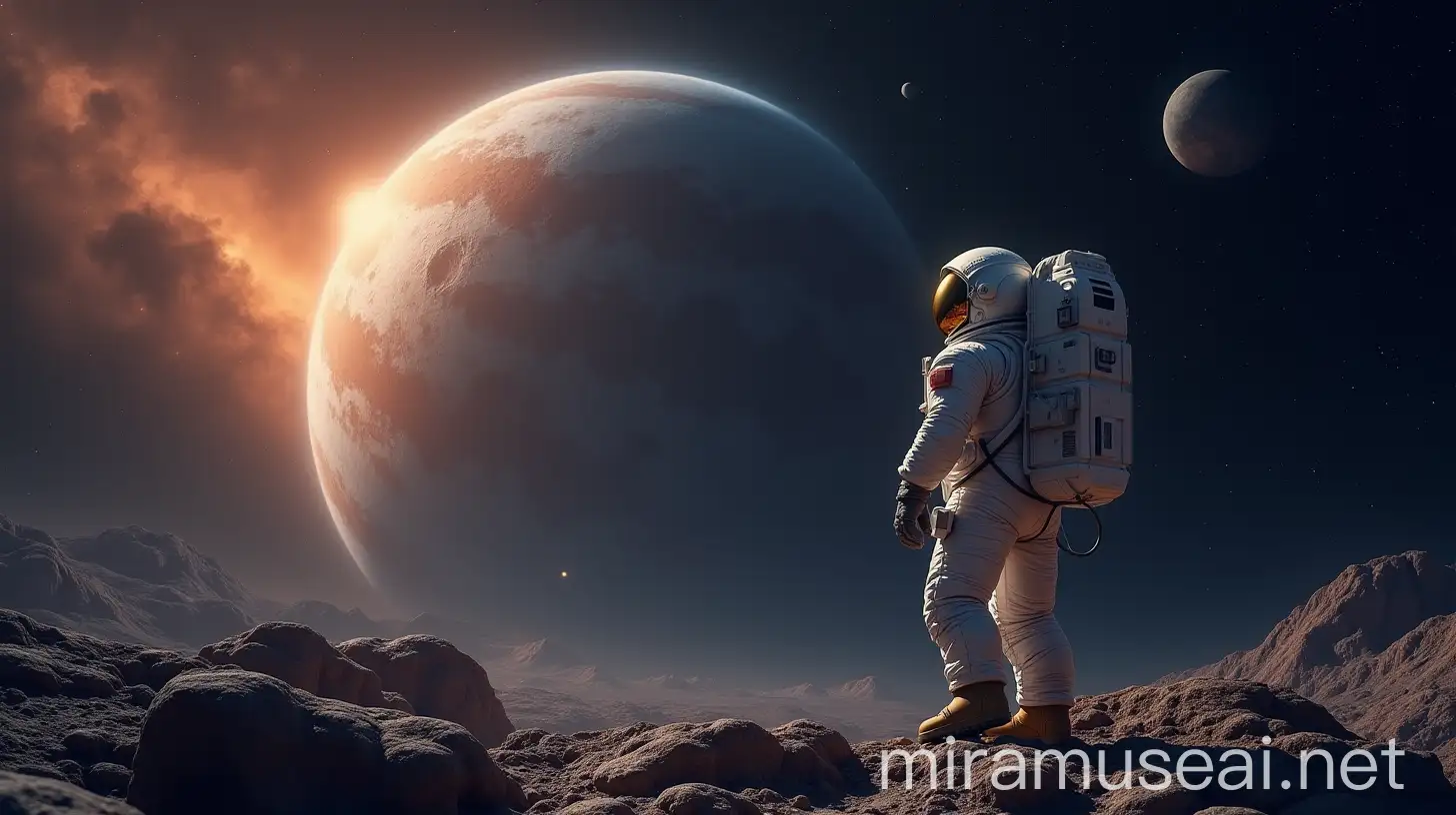 Astronaut Floating in Space Near a Distant Planet