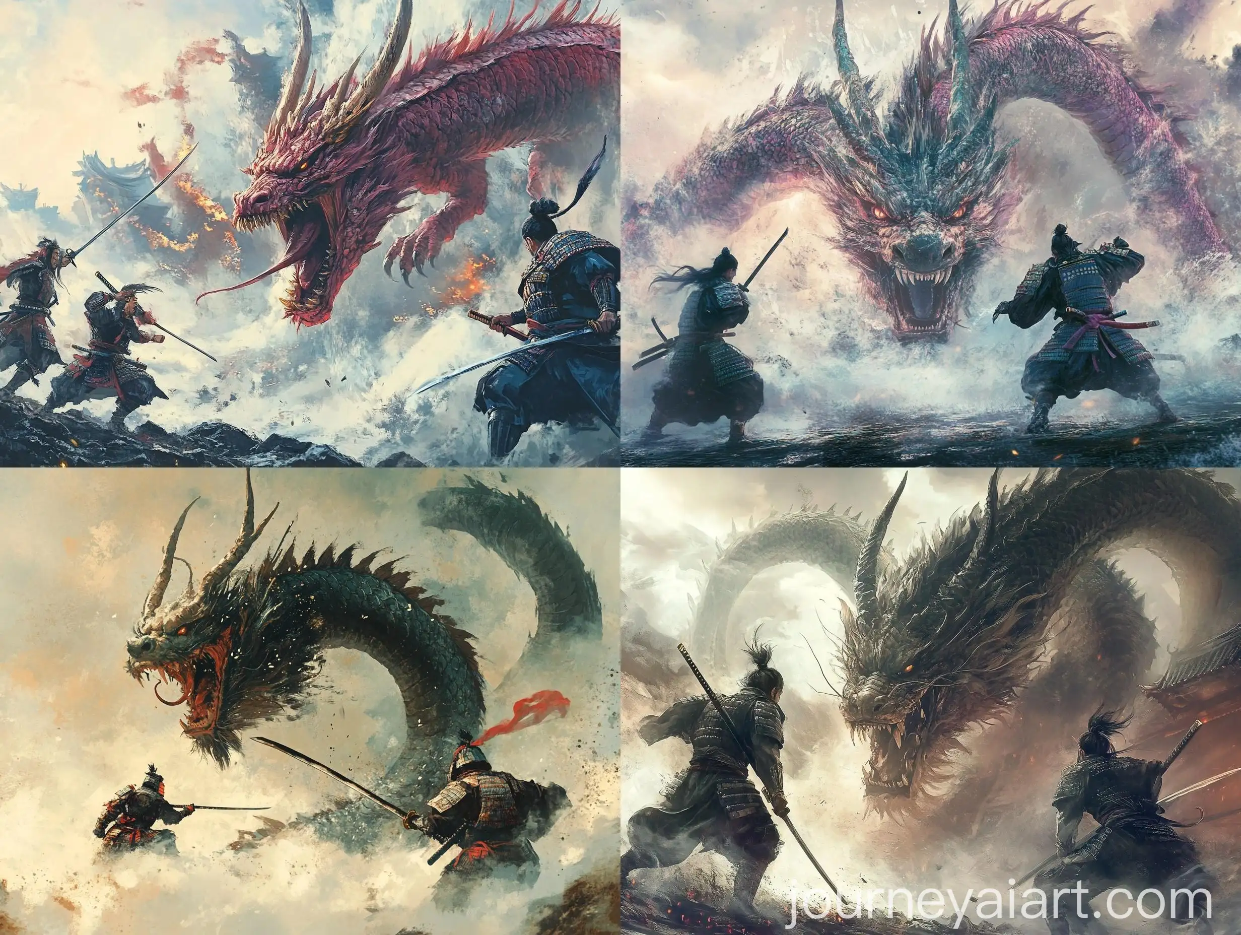 Samurai-Warriors-Battling-a-Massive-Fantasy-Dragon