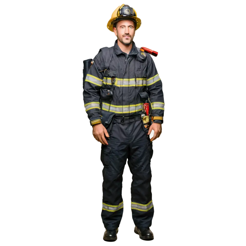 High quality stock photography of a male firefighter, full length, isolated on a solid white background, standing on a white floor, full body image, detailed high resolution eyes, photograph taken with Nikon D850, Sigma 14-24mm f/2.8 DG HSM Art, vibrant photorealistic, studio shoot,