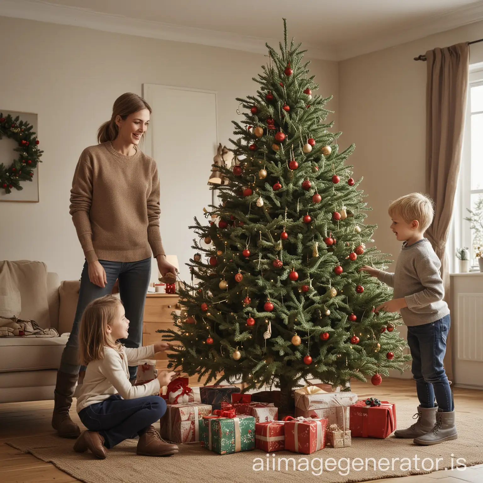 Family-with-Children-Decorating-Christmas-Tree-at-Home