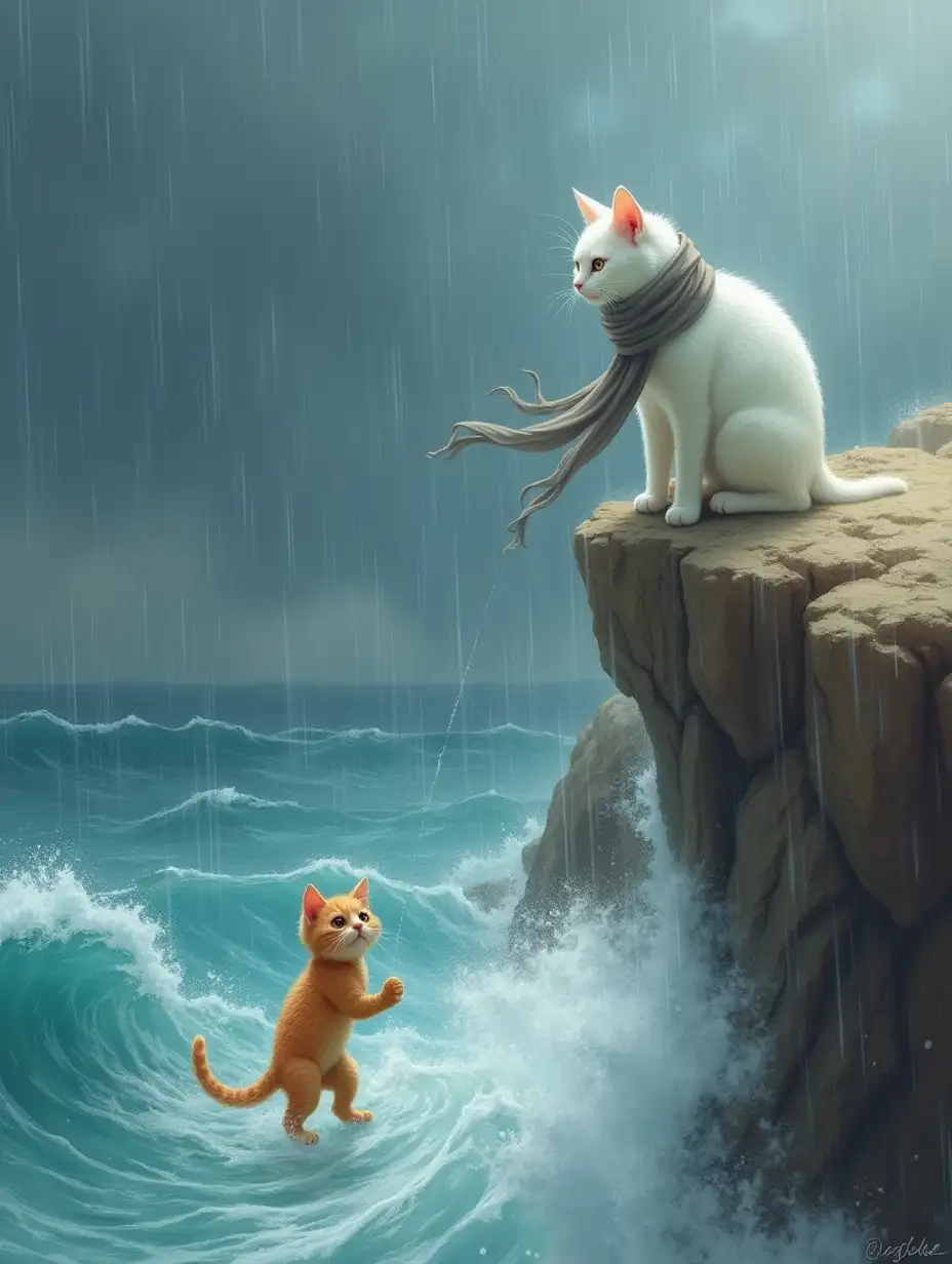 A sandstorm rages above the ocean as a white cat stands on the edge of a rocky cliff. Heavy rain pours down, and a dark drawstring can be seen in the distance. At the bottom, an orange kitten fights against the crashing waves, its eyes wide open with fear. The white cat pulls out its scarf, firmly grasps the kitten's tail, and uses all its strength to pull it up. 🌊🐱