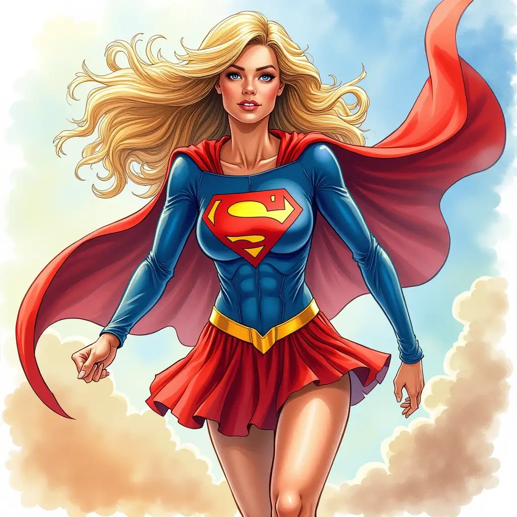 Dc comics supergirl in a comic book style, dynamic pose, vibrant colors, action-packed scene. Watercolour style