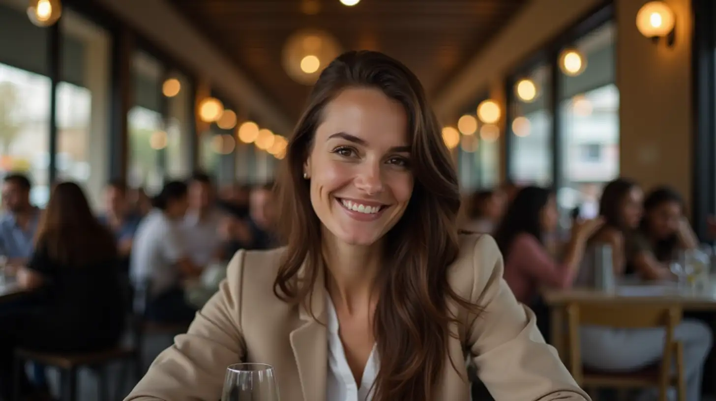 Happy Woman Enjoying Wine at a Modern Urban Restaurant