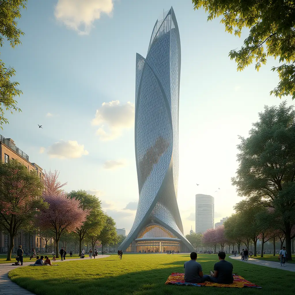 Futuristic-Skyscraper-Rising-from-a-Lively-Urban-Park