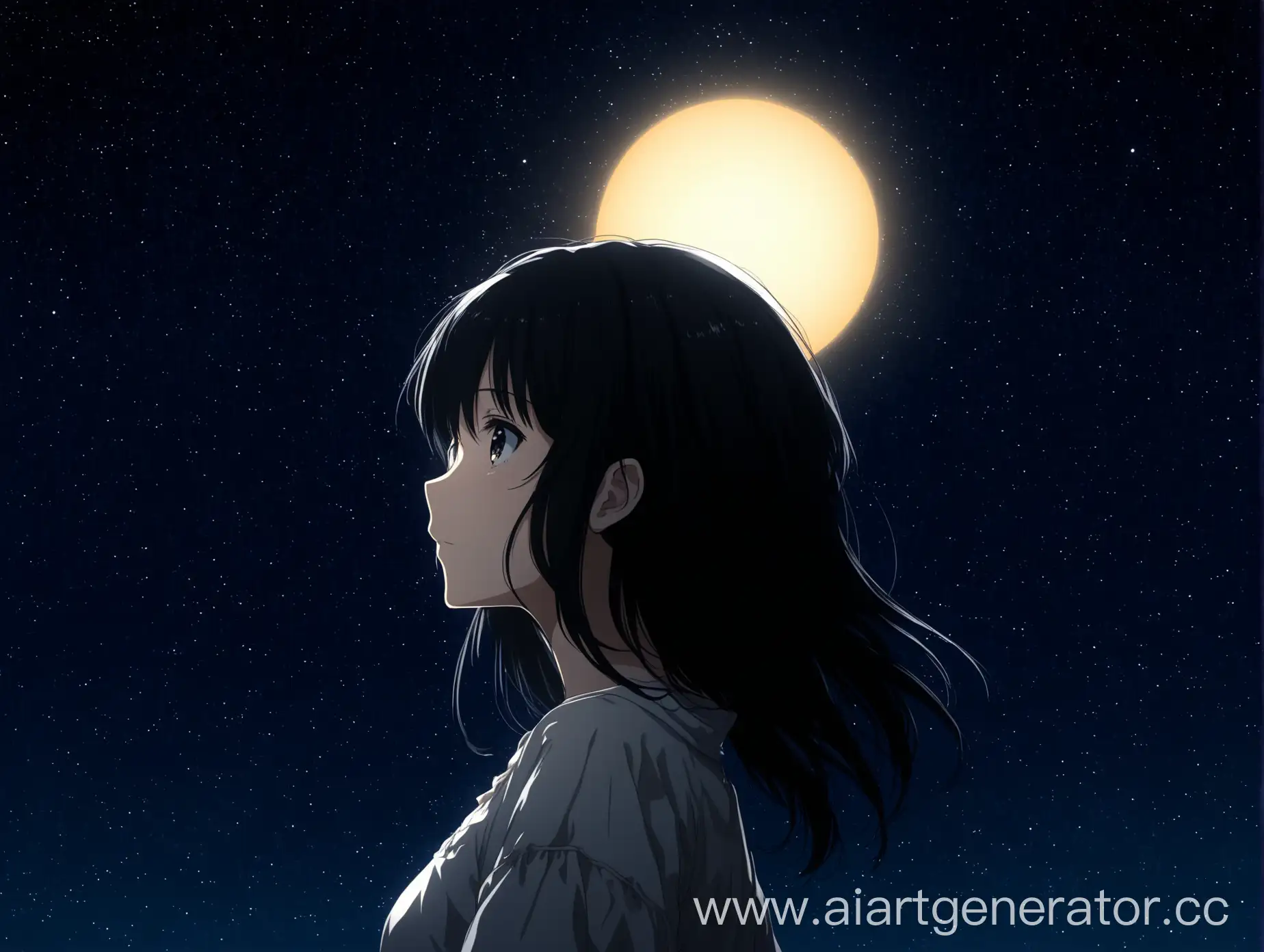 Anime-Girl-with-Black-Hair-Gazing-at-Starry-Sky-and-Dark-Sun