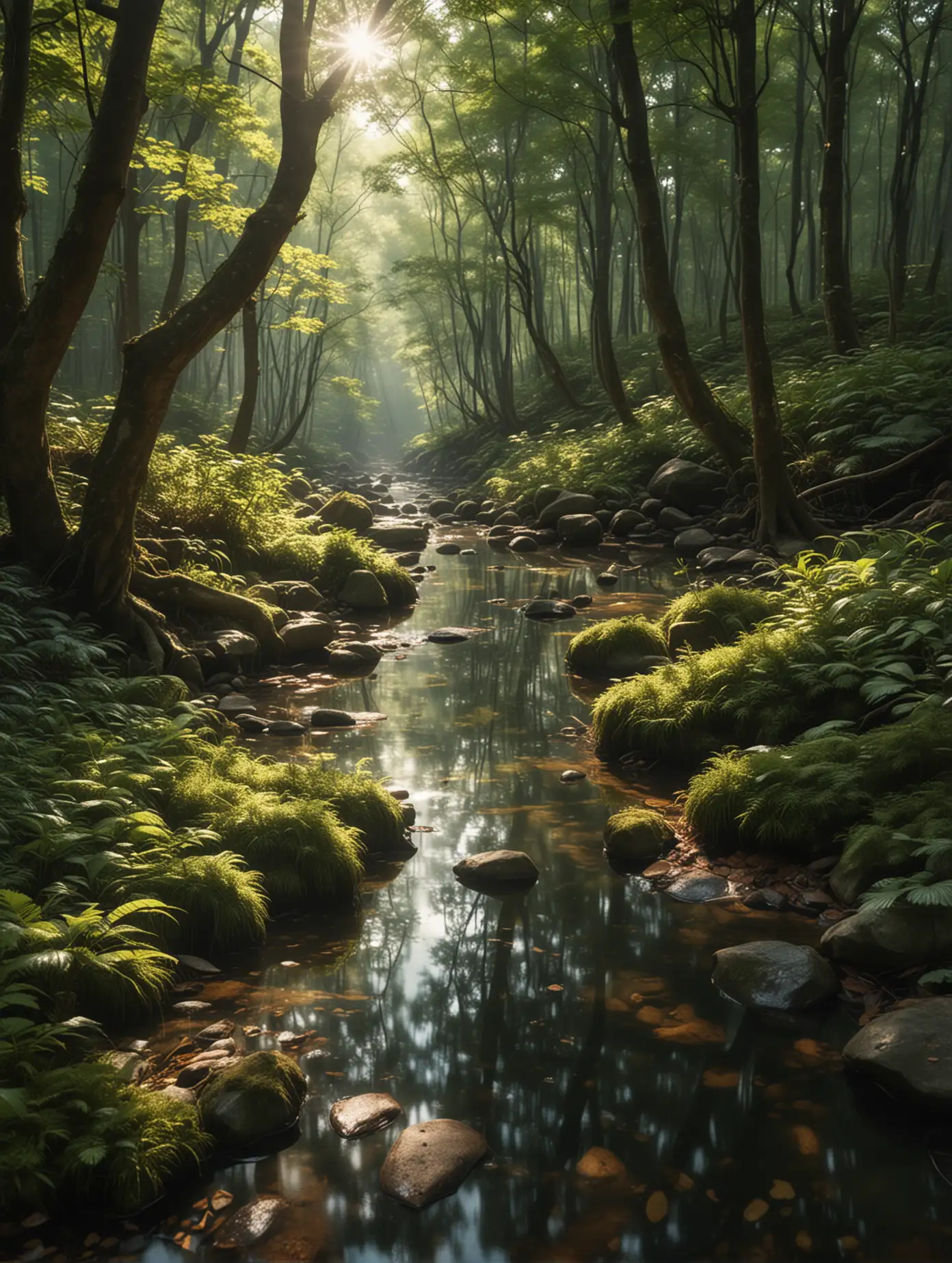 A tranquil forest scene where sunlight filters through the dense canopy, casting dappled light on the forest floor. A gentle stream flows, reflecting the light and adding to the serene atmosphere. The composition captures the subtle presence of the divine in nature. Chen Jialing-inspired poetic ink landscape style, super wide lens, large depth of field, 8k resolution.