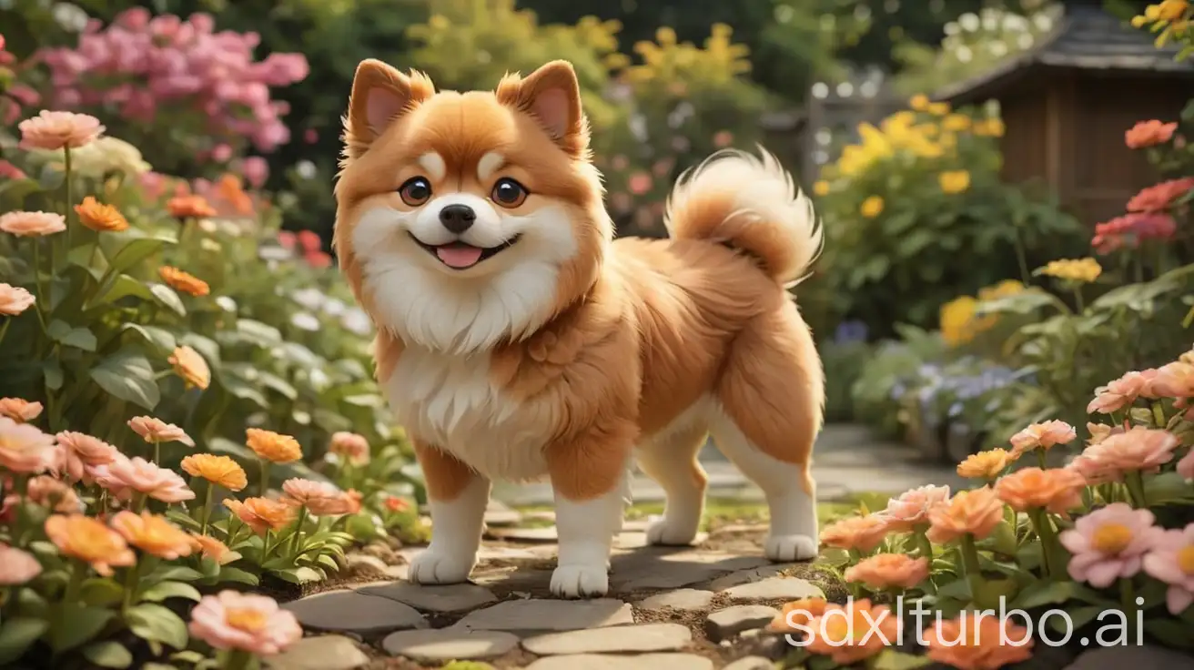 Cute-Japanese-Dog-with-Brown-Fur-in-a-Beautiful-Flower-Garden