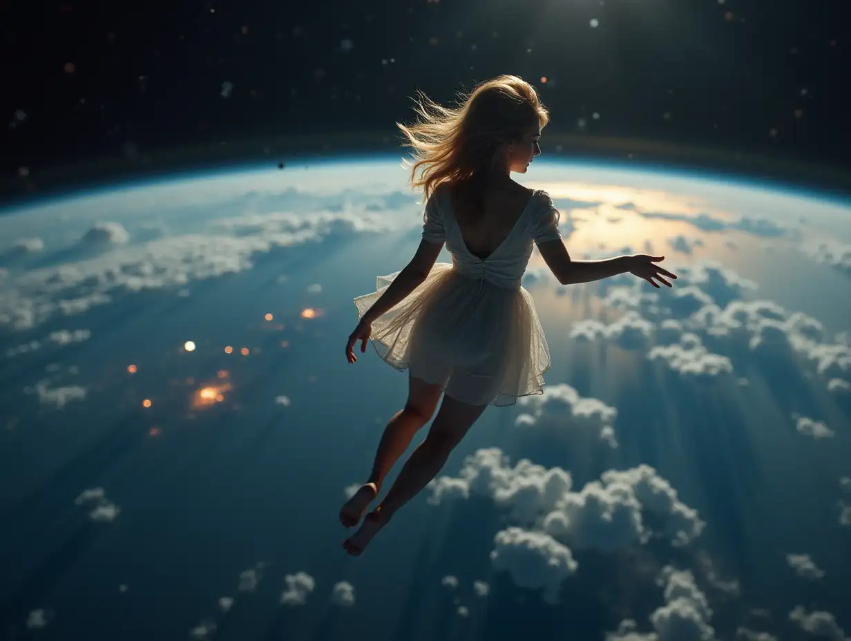 a pretty young woman floats above the earth in space, looks longingly down