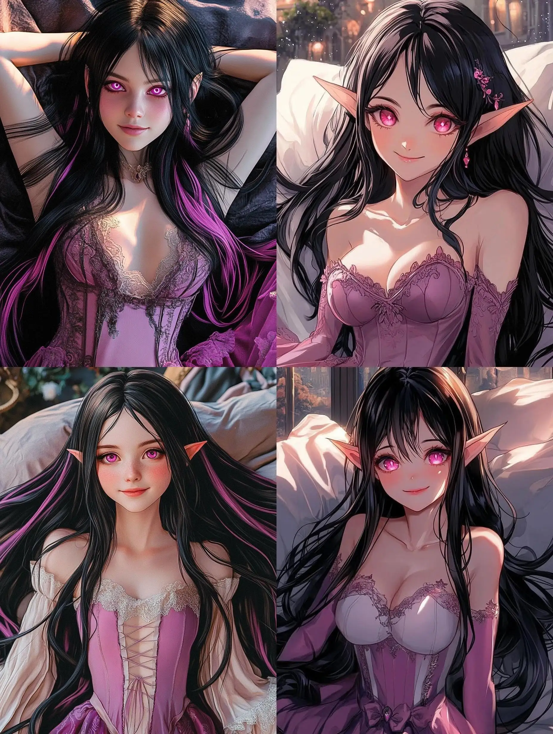 Elf-Girl-with-Black-Hair-and-Pink-Streaks-in-Magenta-Dress-Lying-on-Bed-Smiling